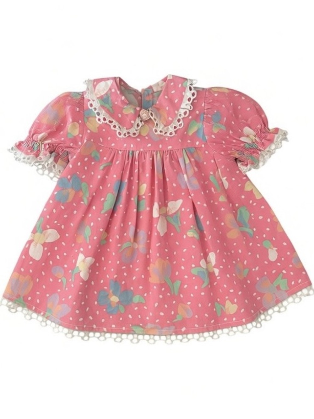 VTG 1990s Handmade Floral Polka Dot Dress with Lace Collar